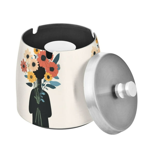 Yayeee Ashtray with Lid for Cigarette Smokeless Stainless Steel Home Ash Holder, Black Flowers