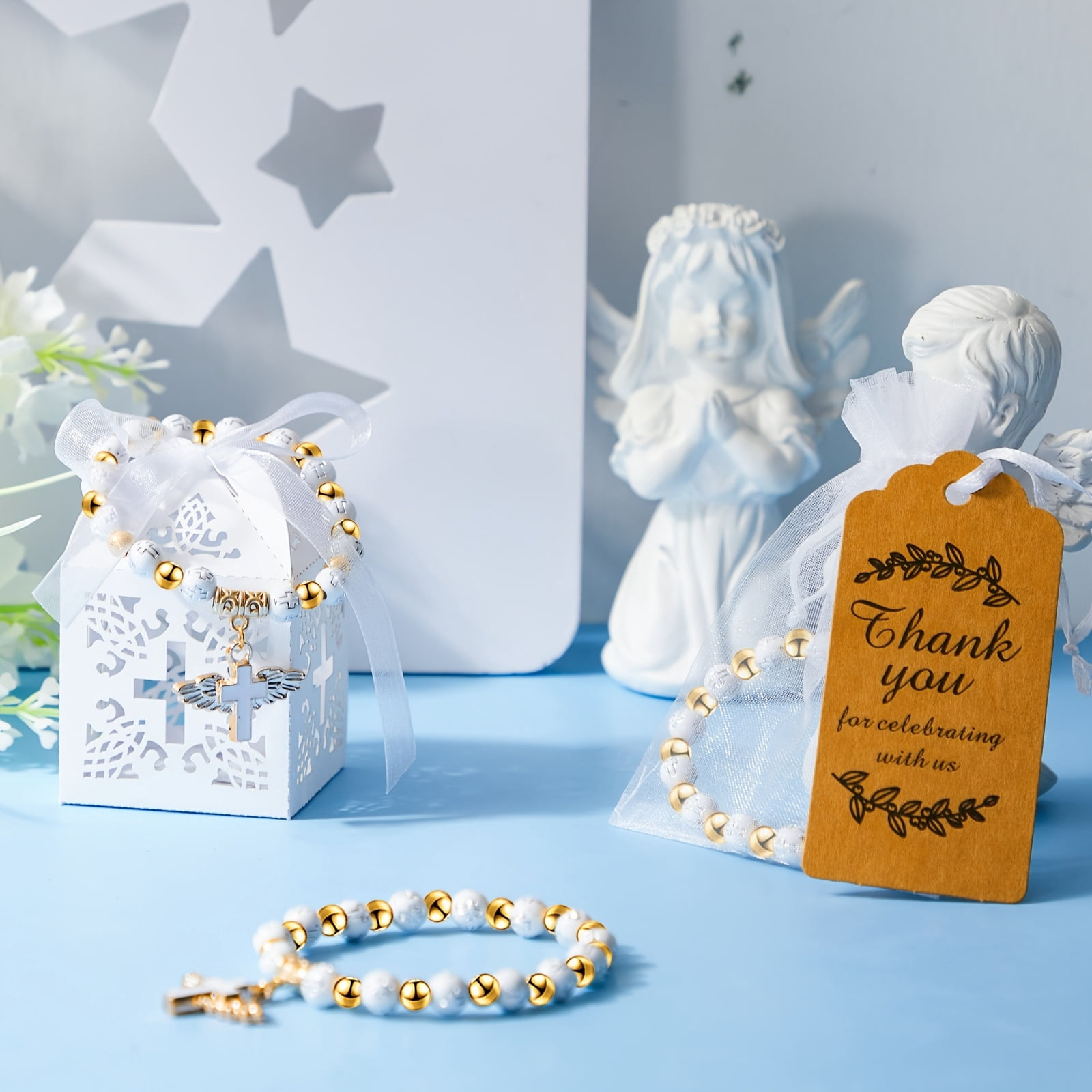 100 Pcs Baptism Favor Set, Angel Cross Rosary Beaded Bracelets with Gift Boxes Thank You Tags and Organza Bags, Religious Party Favors for Baptism Communion Christening Celebration Guests
