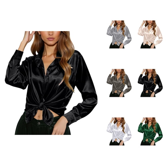 Blouses for Women – Short Sleeve Collared Top Button Down Shirt for Casual Outings or Work Travel New Spring And Summer Fashionable And Casual Women's Satin Imitation Silk Long Sleeved Shirt