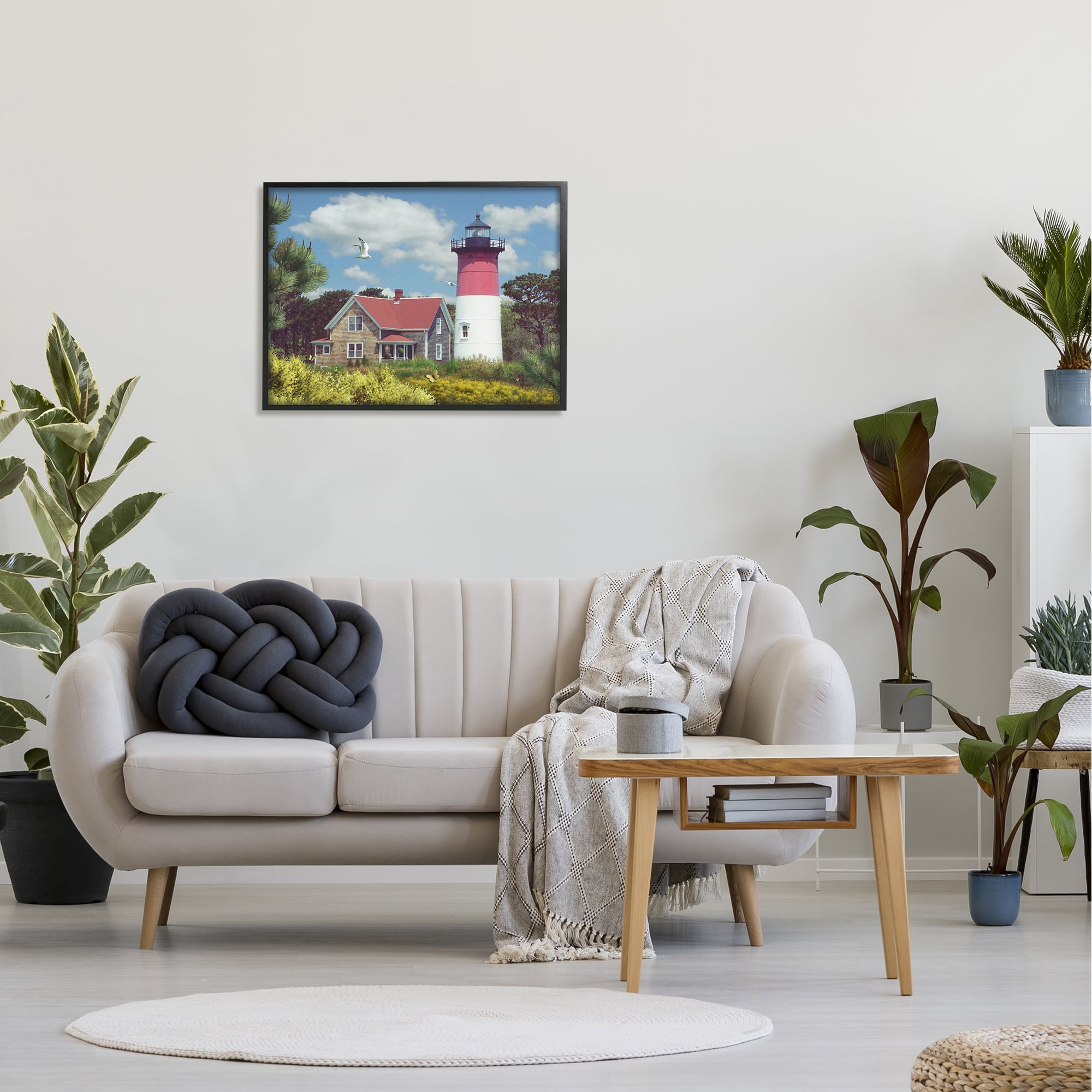 The Stupell Home Decor Collection Nauset Lighthouse Forest and Fields Scene with Seagull Framed Giclee Texturized Art