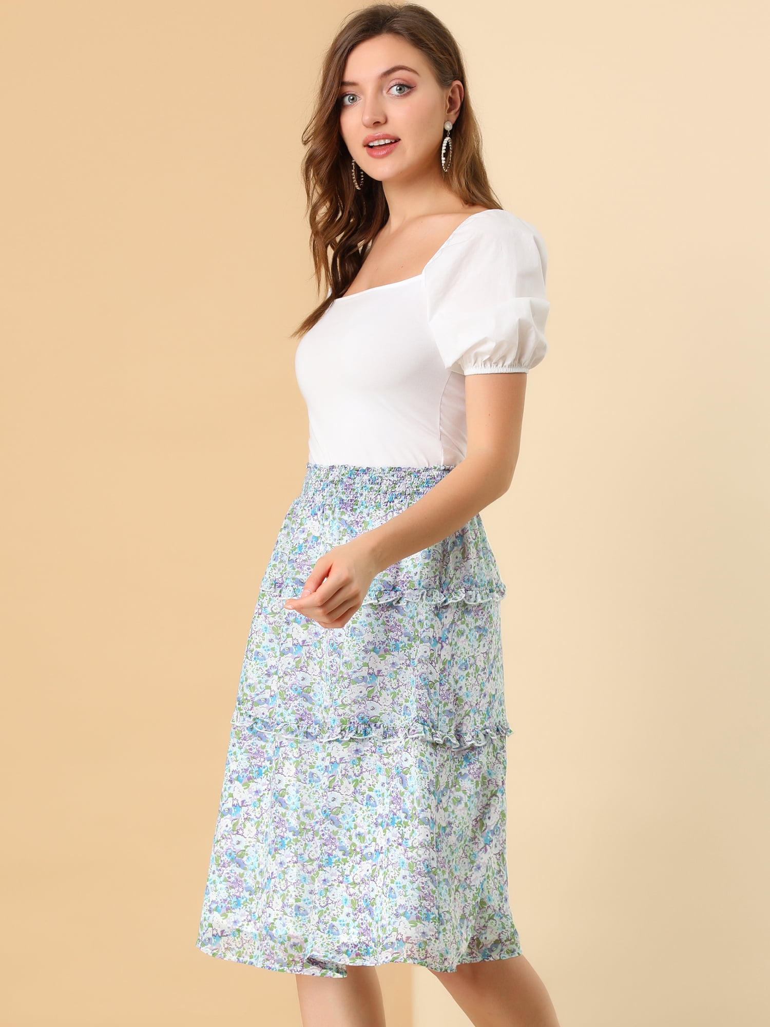 DARING DIVA Women's Floral Chiffon Layer Ruffle Hem Midi Skirt XL Blue Purple