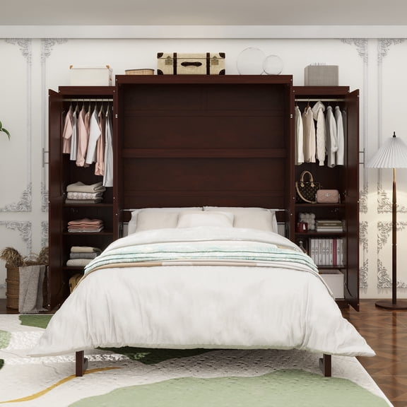 Full Size Murphy Bed, Wooden Full Wall Bed with 2 Wardrobe and Storage Shelf, Multifunctional Foldable Platform Bedframe for Guest-Room, Bedroom, Walnut