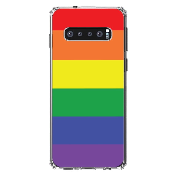 DistinctInk Clear Shockproof Hybrid Case for Samsung Galaxy S10  PLUS(6.4" Screen) - TPU Bumper, Acrylic Back, Tempered Glass Screen Protector - Rainbow Stripes Gay Pride -LGBTQ Support