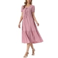 thumbnail image 2 of INSPIRE CHIC Women's Gingham Dress V Neck Short Sleeve Midi Dress M Dark Red, 2 of 6