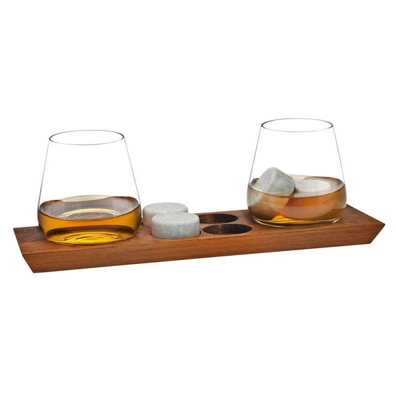 Godinger Whiskey Glasses, Drinking Glasses, Bar Glasses, Wine Glasses, Stemless Glasses, and Chilling Rocks Whiskey Stones Bar Set on Wooden Display Tray
