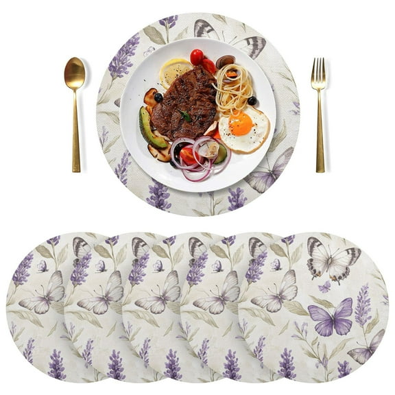 Qxltty 15inch Round Placemats Set of 6 Polyester Fabric Heat Resistant Washable Table Mat for Kitchen Party Decor Purple Lavender and Butterfly