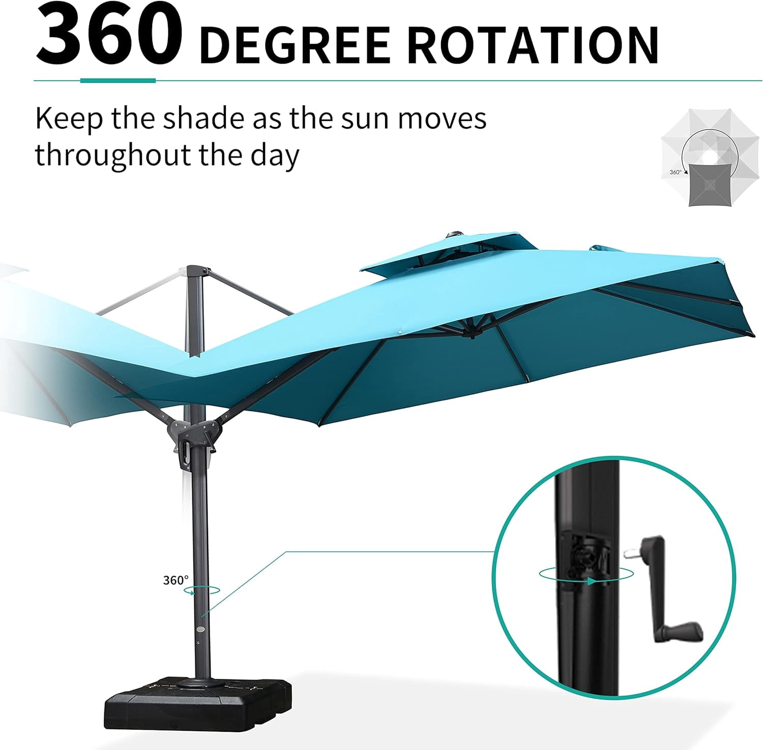 PURPLE LEAF Outdoor Cantilever Umbrellas 10FT Square Large Patio Umbrella Offset Umbrella with 360°Rotation Tilting And Hanging Double Top, Turquiose Blue