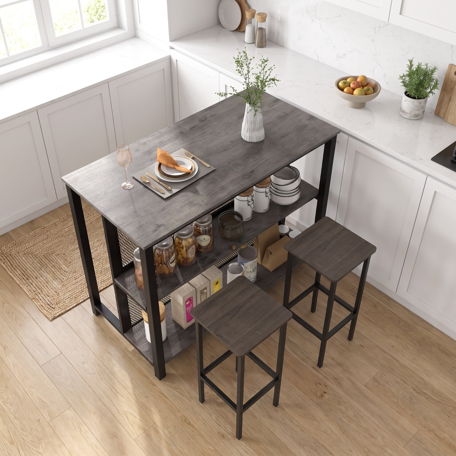 Furnibear 36 Inch 3-Tier Bar Table with Storage Metal Frame Adjustable Foot Pads for Dining Room for Kitchen Dining Bar Bistro Pub Home Counter, Gray