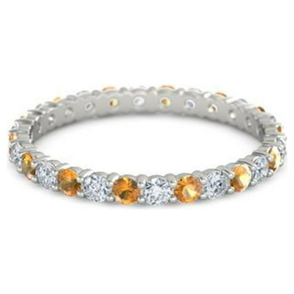 925 Sterling Silver Full Eternity Citrine With White Cz Round 2.50 MM Women Stacking Ring Size US- 4