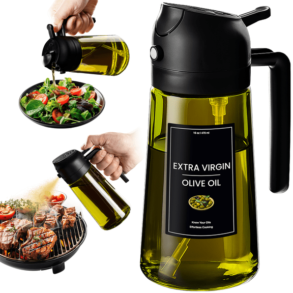 CXINYI 16 oz Glass Olive Oil Dispenser for Kitchen, 2 in 1 Oil Sprayer Bottle for Cooking, Salad, BBQ and Frying, Black