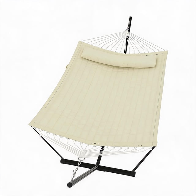 Outdoor Double Hammock Set,2 Person Outdoor Hammock with Stand & Pillow,450 lbs Capacity, Weather-Resistant, Balance Rope for Outdoor Patio Backyard Poolside
