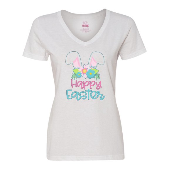 Inktastic Happy Easter with Bunny Ears and Flowers Women's V-Neck T-Shirt