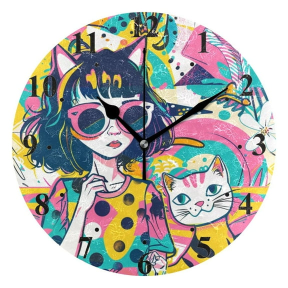 Girl Cat Graffiti Black 10 inch Wall Clocks Non Ticking Easy to Read Battery Decorative for Home Bathroom Kitchen Bedroom Living Room