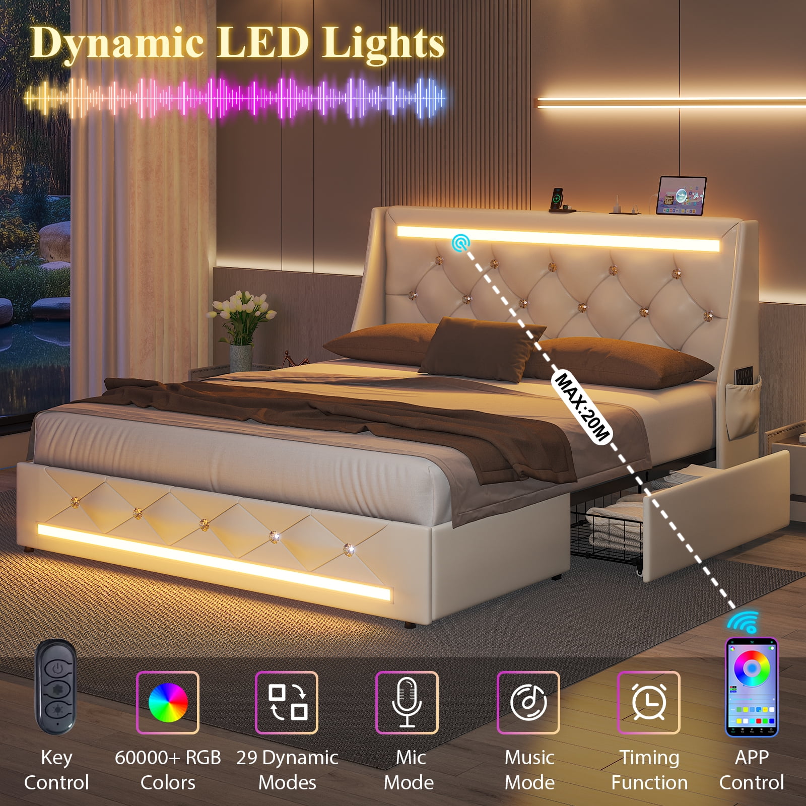 E-motie Queen Bed Frame with 2 Storage Drawers, Upholstered Headboard with LED Light & Charging Station, Diamond Tufted Style, Pu Leather, White