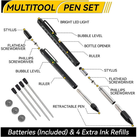 DASAW-11-in-1 Multitool Pen Set with LED Light, Flathead & Phillips Screwdrivers, Level, Ruler, Bottle Opener, and Stylus, Gifts for Him, Fathers Day Dad Gifts for Men, Husband, Boyfriends, Black