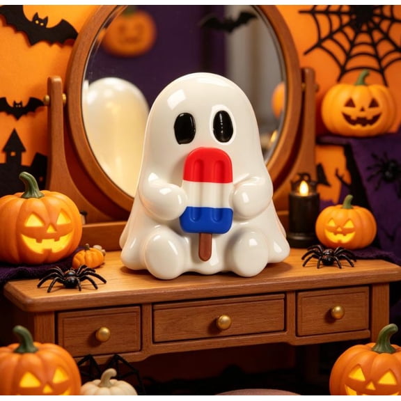 Cute Ghost Halloween Decor, Mini Adorable Ghost Figurine Holding Red White Blue Popsicle, Spooky Season Tabletop Ornament for Desk, Shelf, and Party