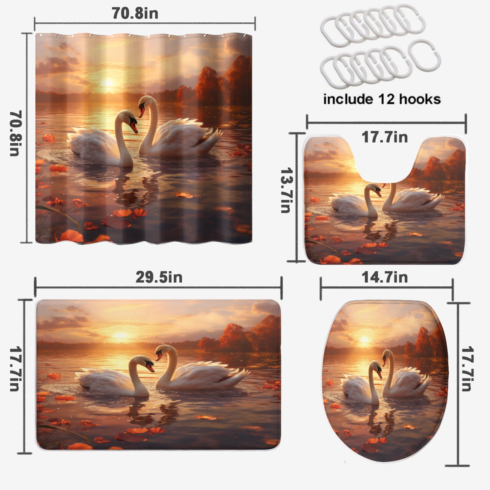 Couple Swan 4 Pieces Shower Curtain Set with Non-Slip Rug River Floral Autumn Sunset Natural Scenery with Toilet Lid Cover and Bath Mat, Waterproof Shower Curtain with 12 Hooks, 72x72 Inch