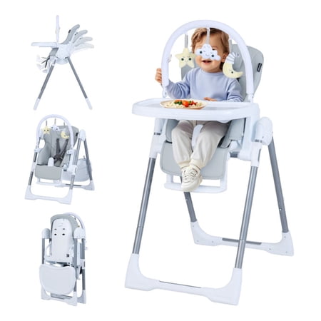 Furnibear Foldable Baby High Chair with Adjustable Height and Reclining Seat and Lockable Wheels for Babies and Toddlers 6 to 36 Months, Dark Gray