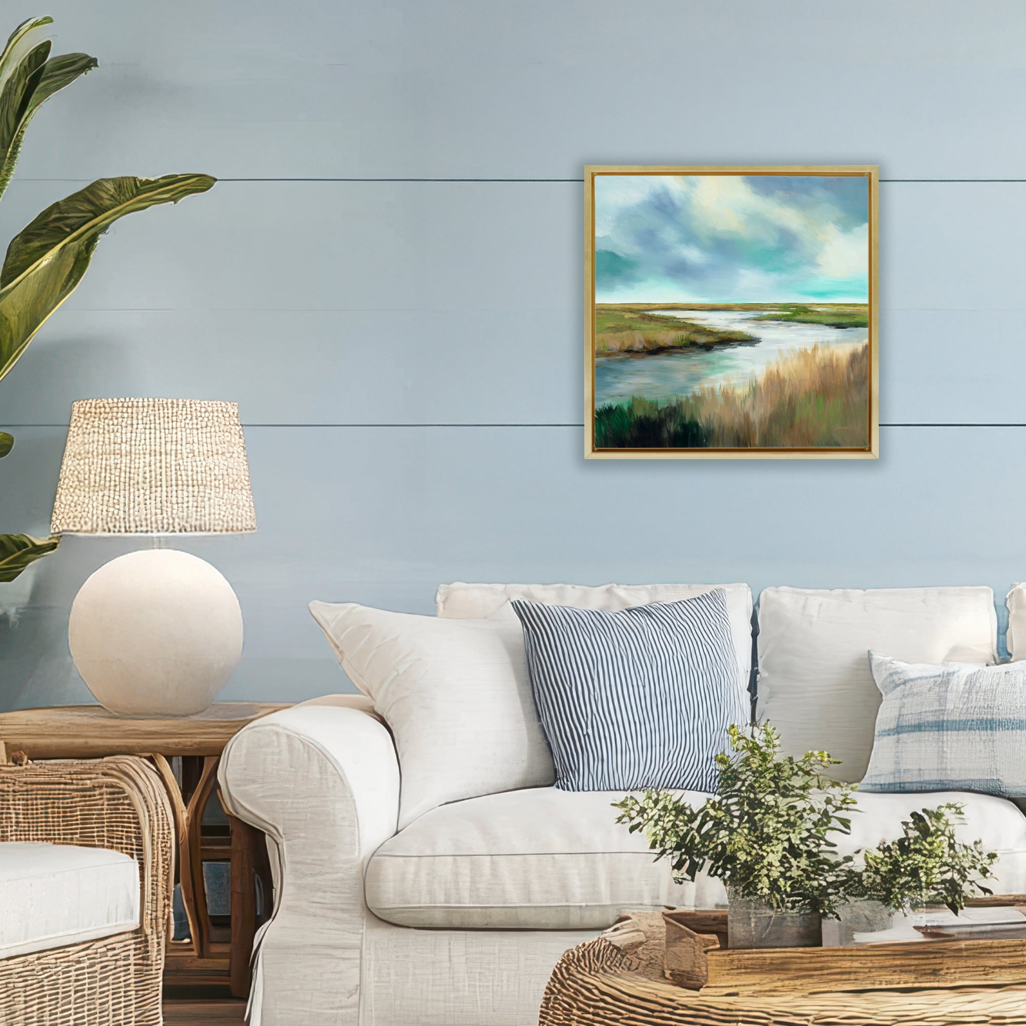 Stupell Industries Tranquil Meadow and Wetlands Gold Framed Floater Canvas Wall Art, design by Liz Jardine