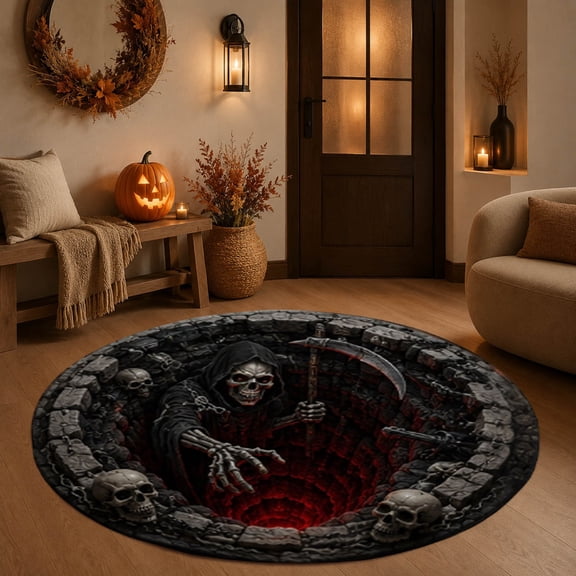 Halloween 3D Hole Round Rug Optical Illusion Doormat for Entryway Decor, 31.5in