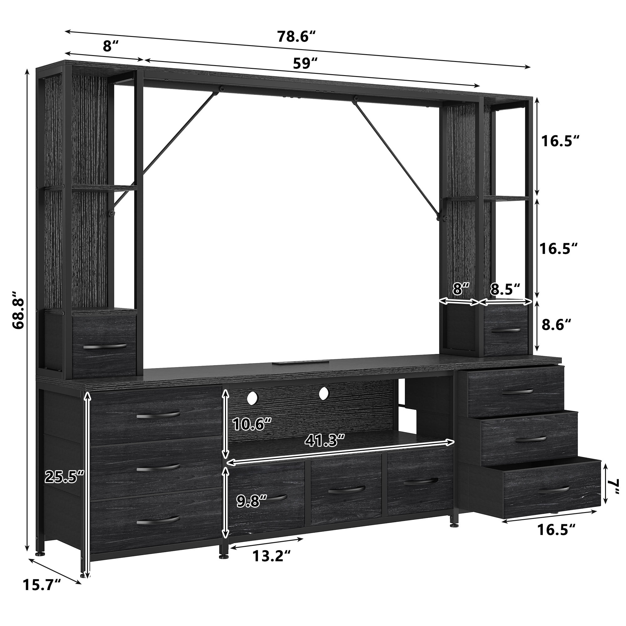 EnHomee 65" TV Stands for Living Room Entertainment Wall Unit with 11 Fabric Drawer TV Console Table with LED Lights & Power Outlets,Black