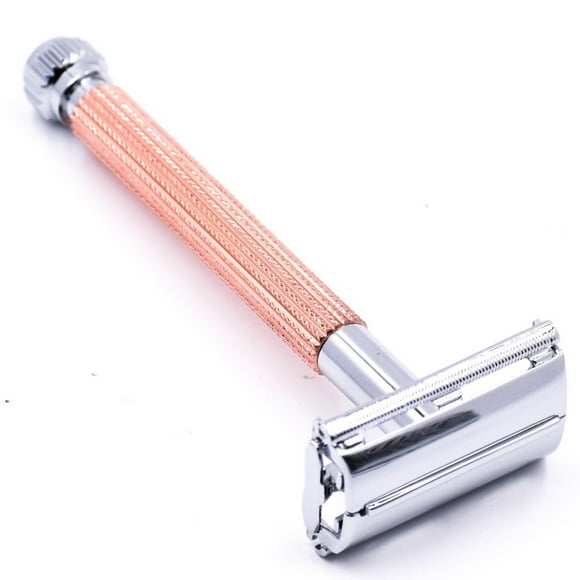 PARKER 29L ROSE GOLD LONG HANDLE BUTTERFLY OPEN SAFETY RAZOR & 5 BLADES