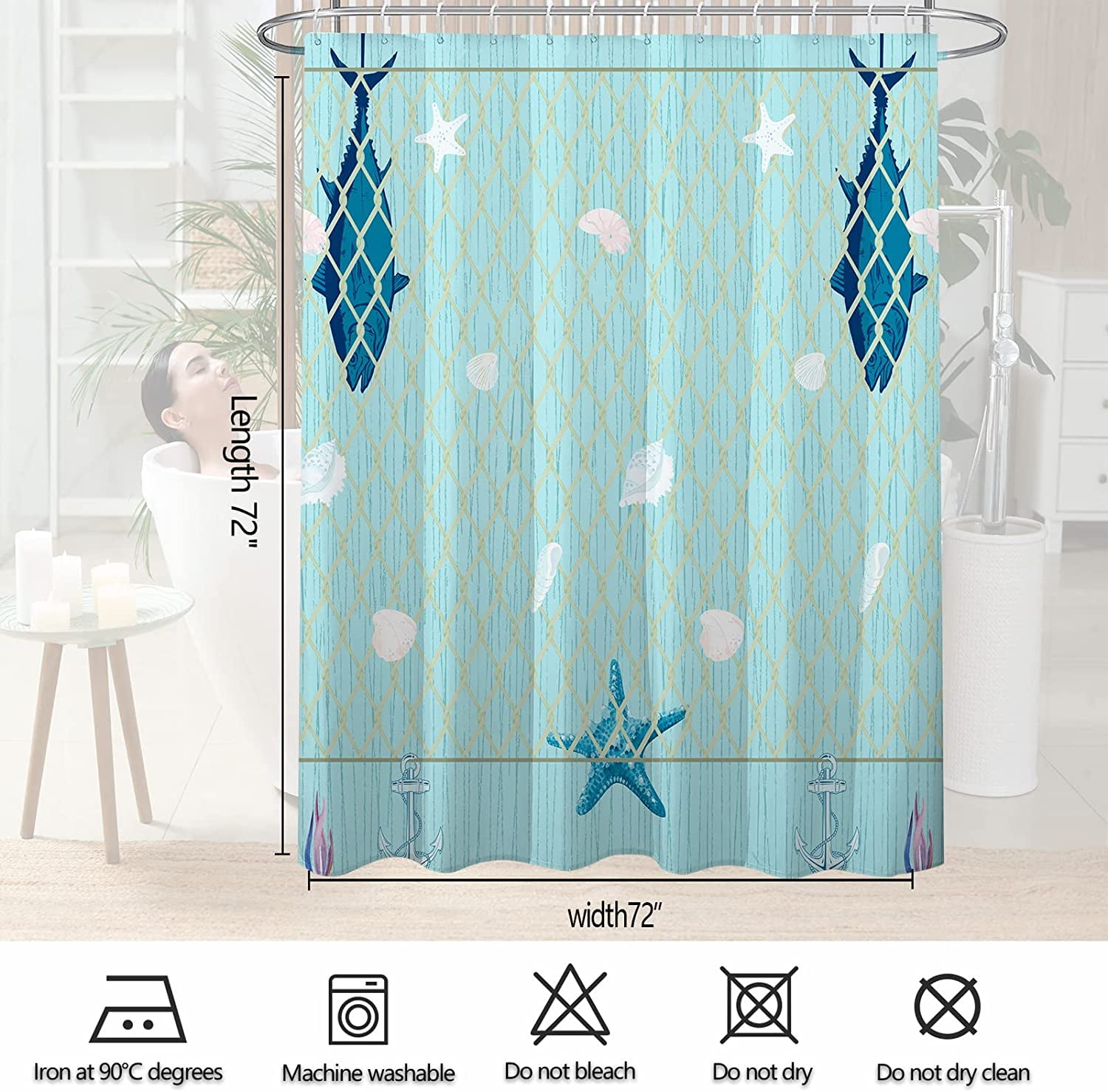 Rustic Nautical Shower Curtain,Lighthouse Sailing Beach Bathroom Shower Curtains,Navy Blue Coastal Bath Curtains Sets with 12 Hooks 72x72in,Waterproof Fabric