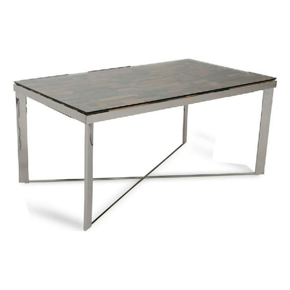 Cid Tiha Dining Table- Reclaimed Ship Wood and Glass Top- 64 Inch Brown