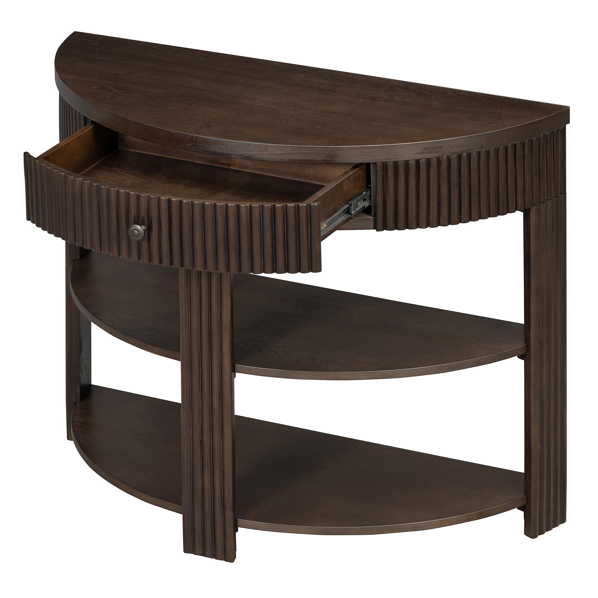 Fluted Half Moon Console Table with Drawer and 2 Shelves for Entryway, Living Room and Hallway (Espresso)