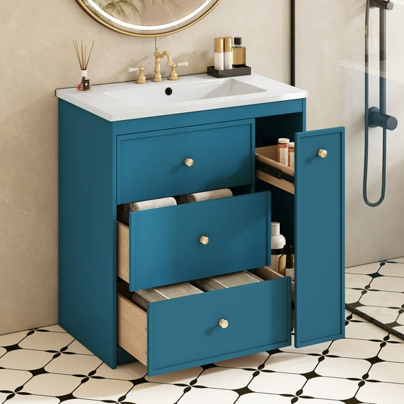 30'' Bathroom Vanity with Ceramic Sink Combo, Free Standing Single Vanity Set with Four Drawers, Modern Bathroom Storage Cabinet , Ideal for Home, Blue