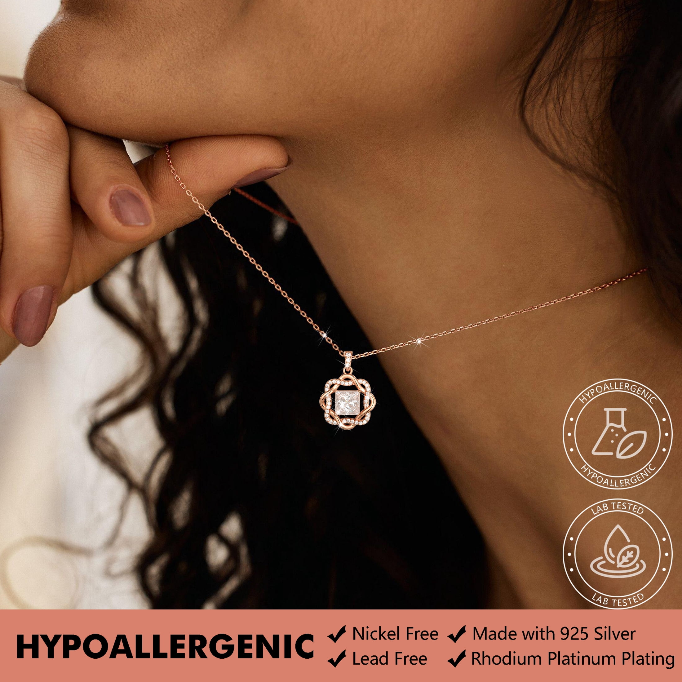 Beautlace Moissanite Necklace for Women,2 Carat D VVS1 Square Cut,Rose Gold Plated 925 Sterling Silver Starflower Pendant Jewelry Gift for Birthday Christmas Anniversary Wedding