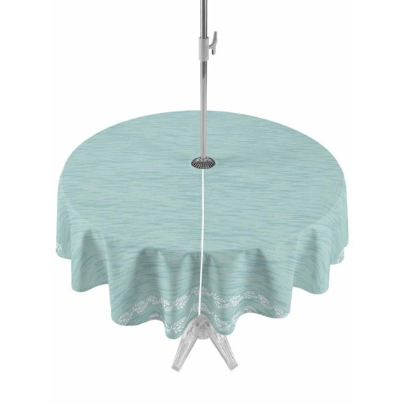 Outdoor Tablecloth with Umbrella Hole Zipper Turquoise Textured Round Tablecloth 60" Waterproof Outside Table Cloth Farmhouse Country Woven Striped Patio Table Cover Tablecloths for Picnic Party