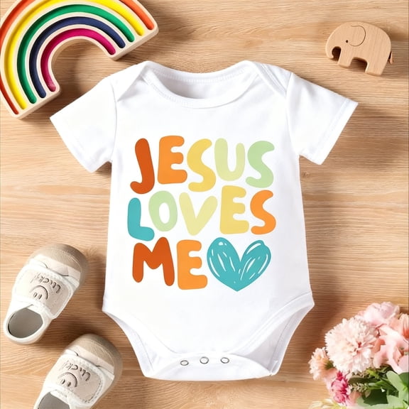 Christian Baby Clothes | "Jesus Loves Me" Inspirational Bodysuit | Colorful Print Unisex Onesie | Soft Cotton Easy Care Romper | Perfect Baptism Gift & Church Outfit for Infants