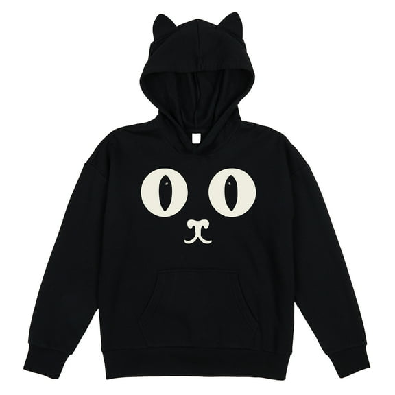 Big Cat Face Youth Girl's Black Cosplay Hoodie With 3D Ears-Medium