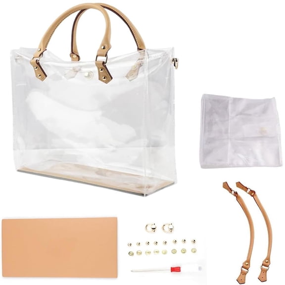 Clear Purse DIY Kit, Clear PVC DIY Tote Bag Handbag Making Kit, Complete Leather Wallet with Leather Bag Handles, Handmade Gift Bag Craft Accessory Tool Set for Birthday and Holiday(#R)