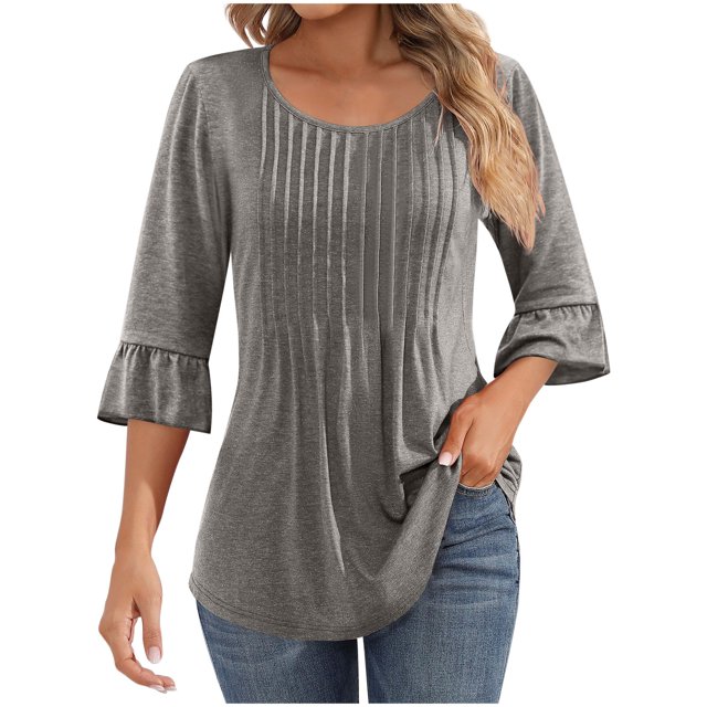 MeetoTime Tunic Tops for Women Casual 3/4 Sleeve Tops Round Neck Pleated Solid Color T-Shirt Pullover
