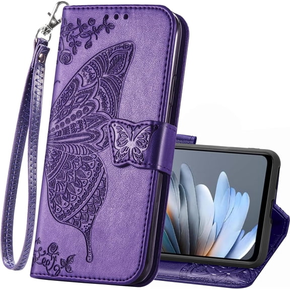 for Motorola Moto G 5G 2026 Wallet Case,Moto Play Case Women PU Leather Flip Protective Phone Wrist Strap Card Slots Holder Pocket Butterfly Flower Embossed Magnetic Stand Purple