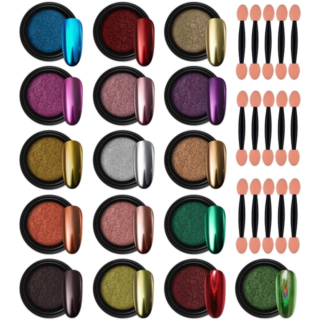 Polvo cromado para uñas Nail Art Artdone, 16 tarros, color plateado y dorado