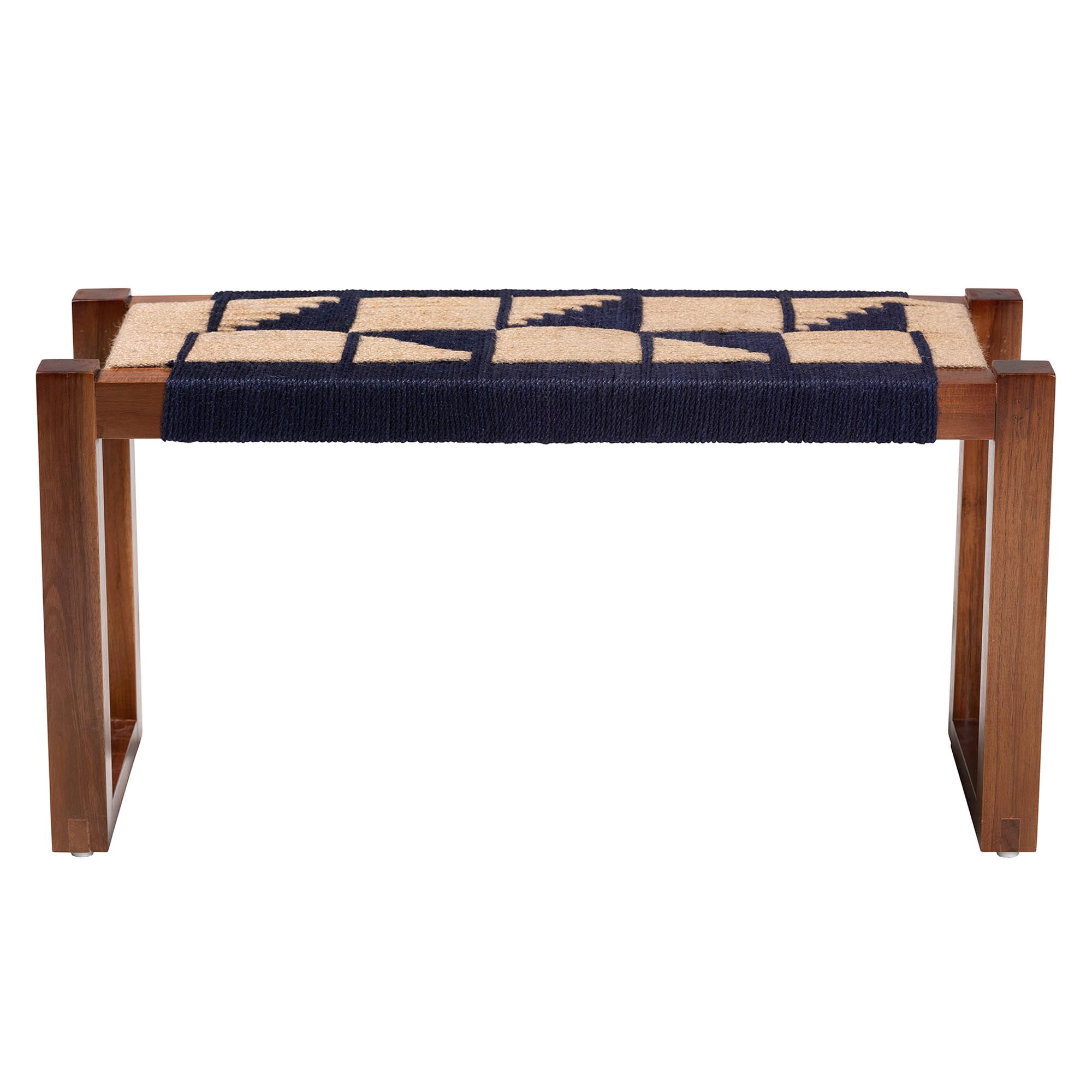 bali & pari Jerilyn Modern Bohemian Two-Tone Navy Blue and Natura Brown Seagrass and Acacia Wood Accent Bench