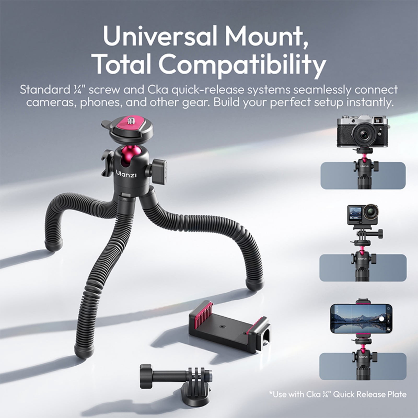 Ulanzi MT91 CKA Quick Release Octopus Tripod Compatible with Camera & Mobile Phone, Flexible Bendable Tripod with Ball Head, Cold Shoe & Wireless Remote for Vlogging, Travel & Live Streaming