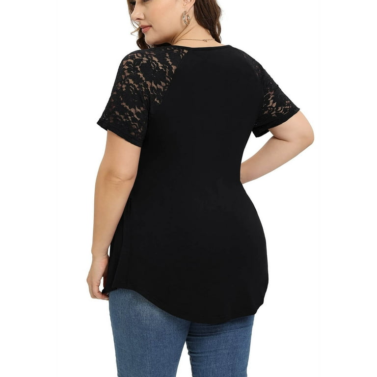 CARCOS Plus Size Tops for Women 3X Short Sleeve T Shirts Basic V Neck  Summer Black Blouses Casual Loose Fit Solid Color Tunics 3XL 22W 24W