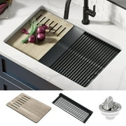 Kraus Bellucci Workstation 30 inch Undermount Granite Composite Single Bowl Kitchen Sink in Metallic Gray with Accessories