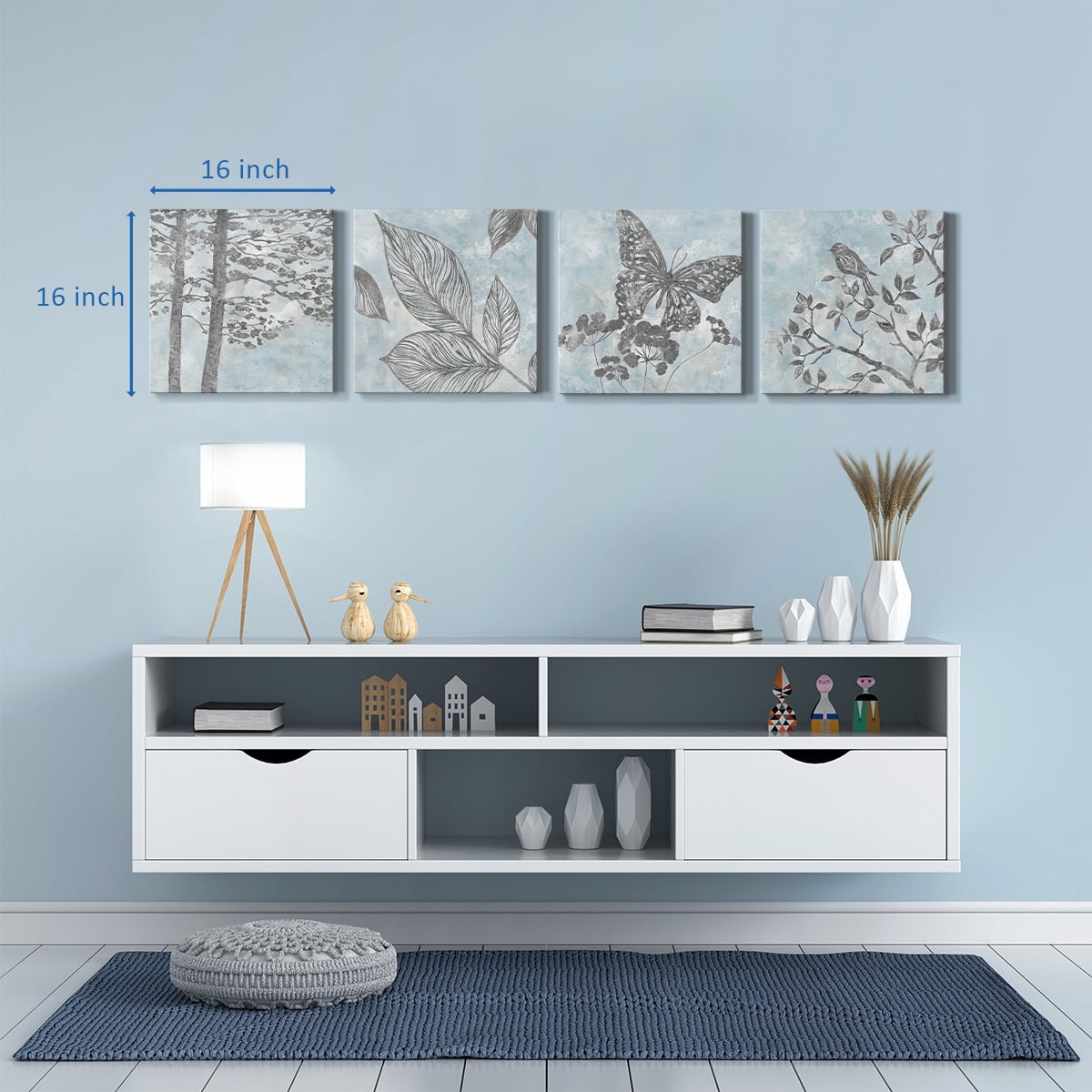 Wexford Home Blue Watercolor Natural Life Wall Art, 16 x 16 inches Set of 4 Blue bird Butterfly Forest Pictures Prints Wall Décor for Living Room Bedroom Bathroom