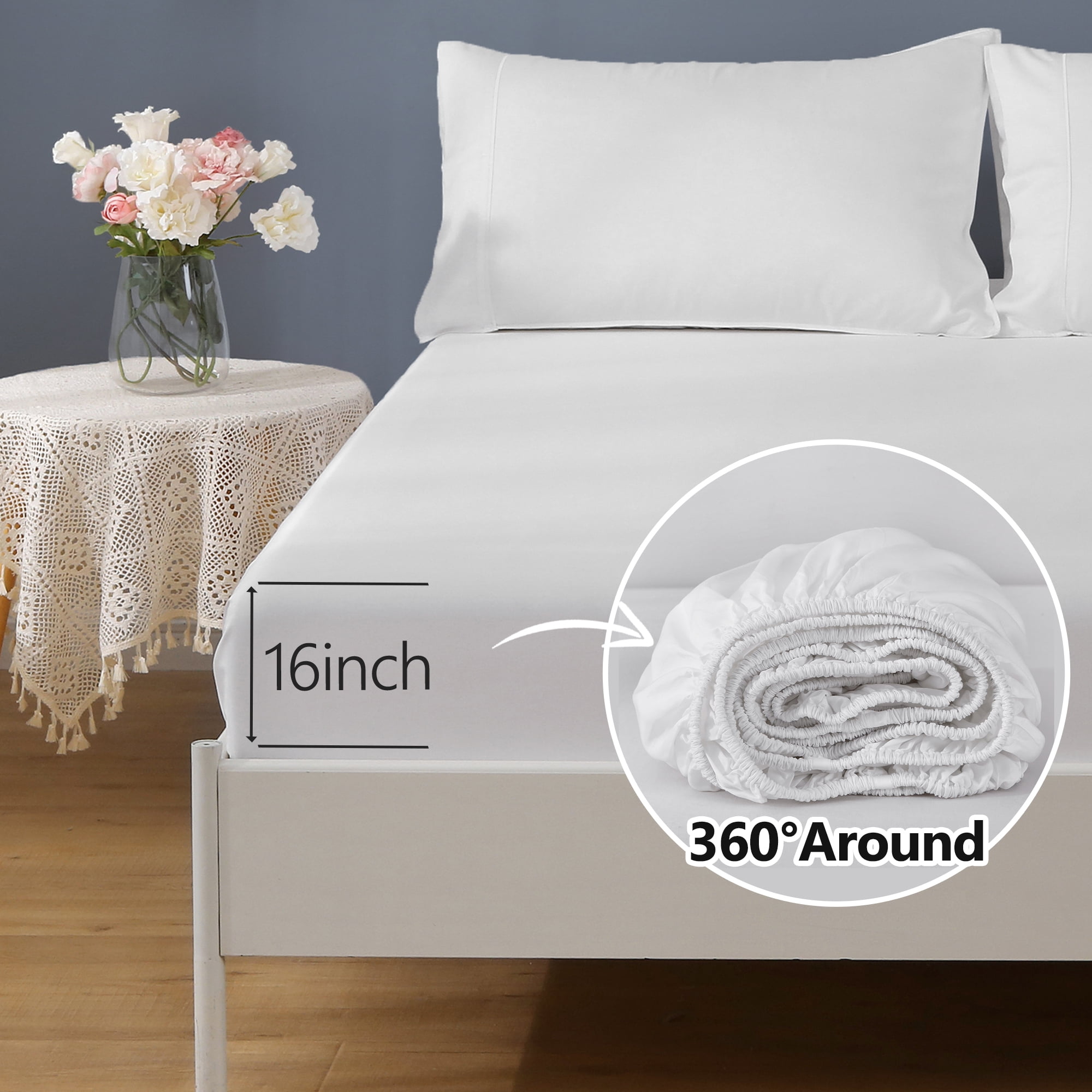 L Linen World 100% Viscose from Bamboo Lyocell Sheets Set Queen Size,Cooling Bed Sheets Set,Deep Pocket Up to 16", 4 Pieces Silky Soft, Breathable Bedding Sheets & Pillowcases(White,Queen)