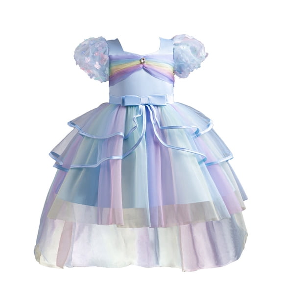 FYDUU Girls Puffy Pageant Rainbow Tulle Princess Dresses Tiered Birthday Party Tutu Gown With Long Train Formal Performances Dresses 3-4 Years