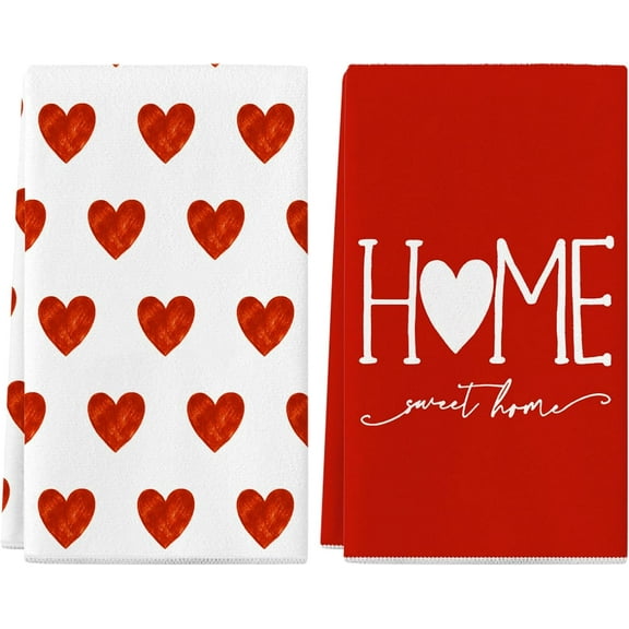 YIBAGA Valentines Day Kitchen Towels Set of 2, Red Heart Home Dish Towels, Dishcloth Decorations, 18x26 inch, Polyester