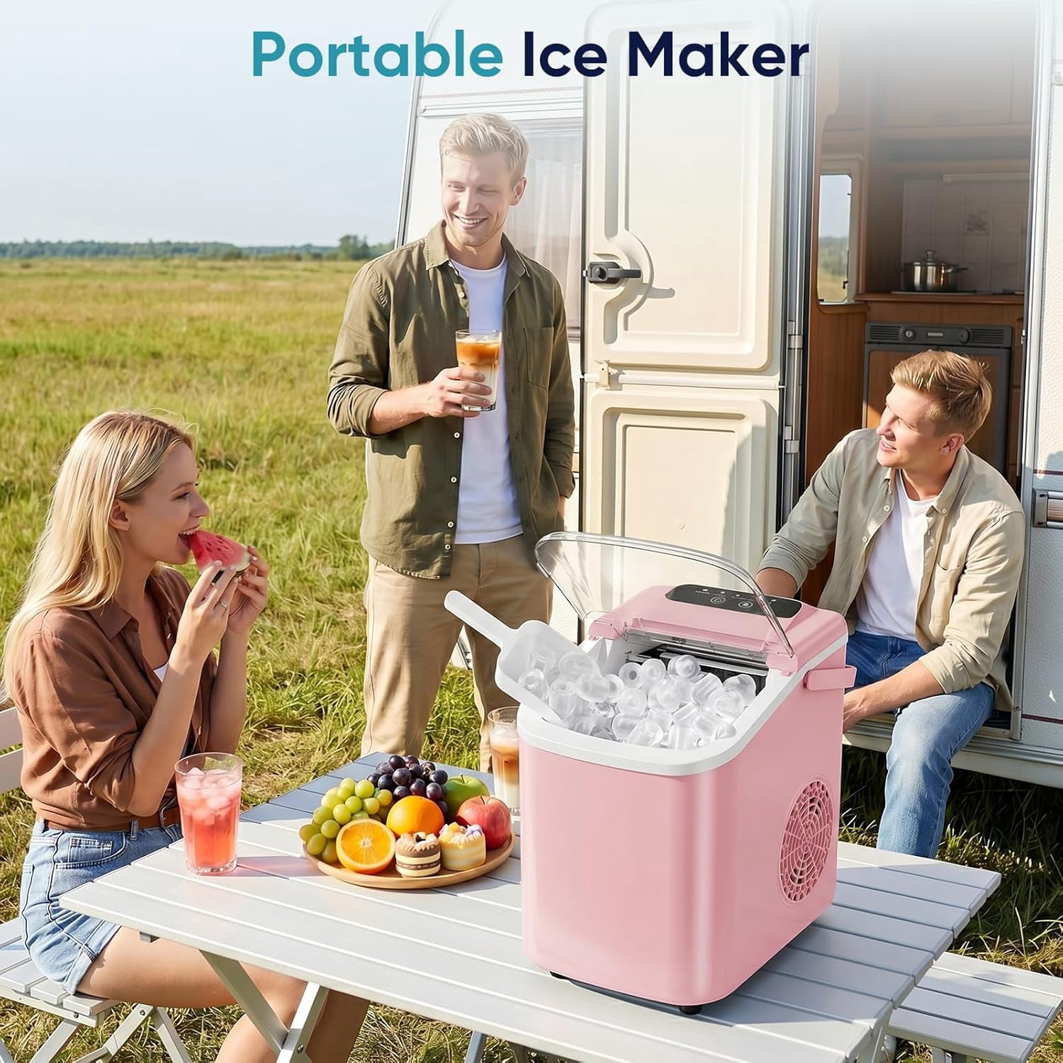 Ice Maker, Countertop Ice Machine with Handle, 9 Bullet Cubes in 6~8 Mins, 26lbs Daily, Self-Cleaning with Basket and Scoop for Home/Kitchen/Camping/RV