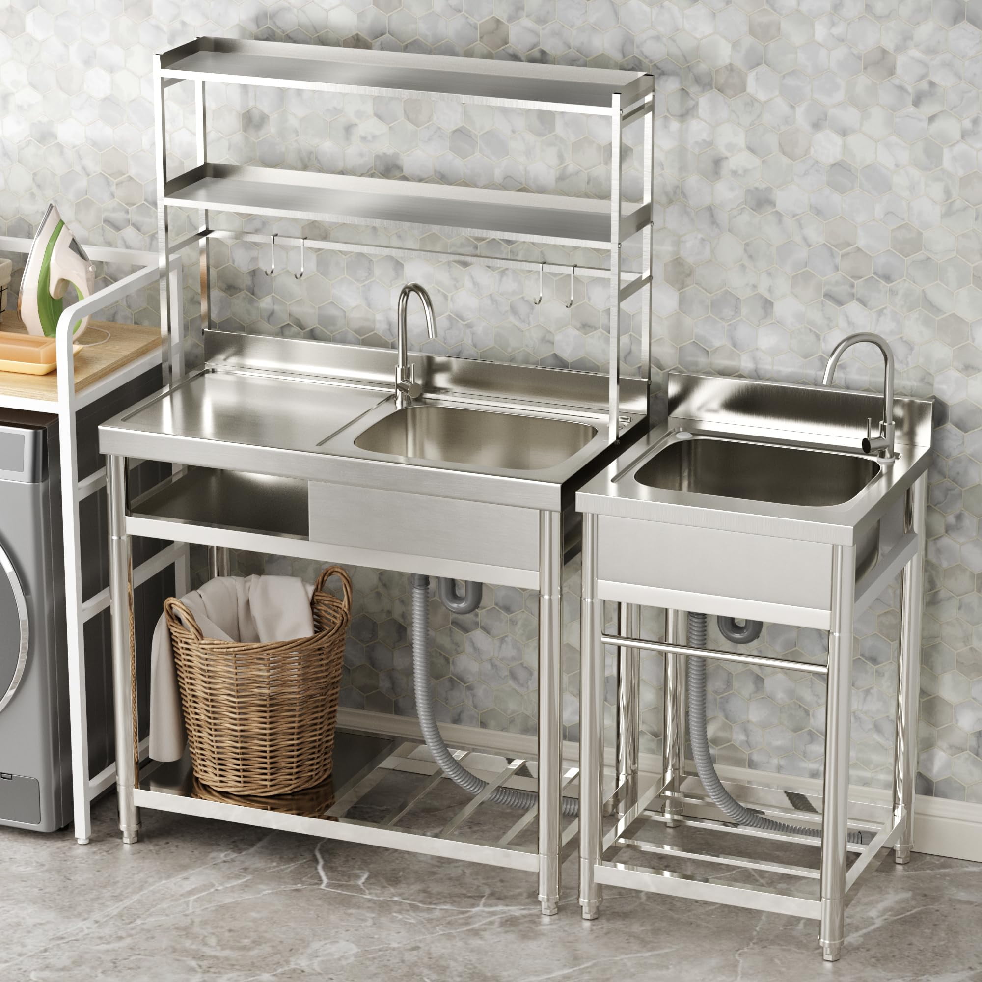 Stainless Steel Utility Sink, 39.4'' Free Standing Commercial Single Bowl Sink with Shelves & Cold and Hot Water Pipe, Laundry Tub for Garage Kitchen - Right Bowl