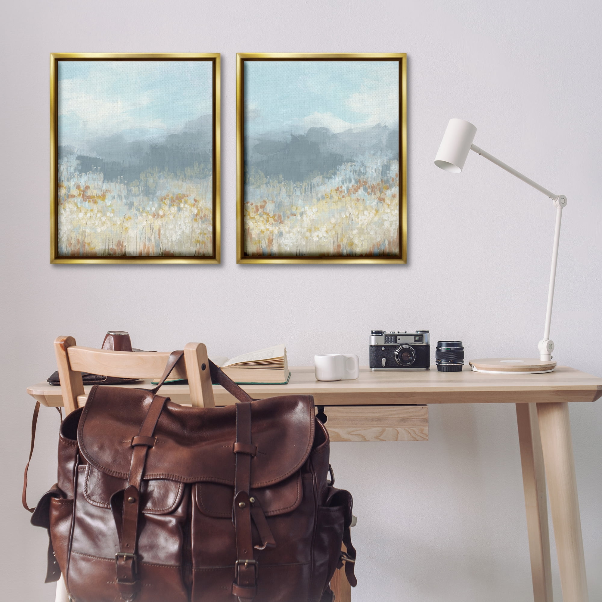 Stupell Industries White Flower Field Mountains Landscape & Nature Painting Gold Floater Framed Canvas Art Print Wall Art, 31 x 25, Set of 2