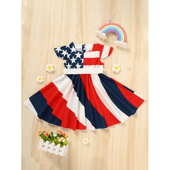 ZEHJUHAN Girls' 4th of July Twirl Dress Red White and Blue Stars & Stripes Short Sleeve Patriotic Independence Day Dress